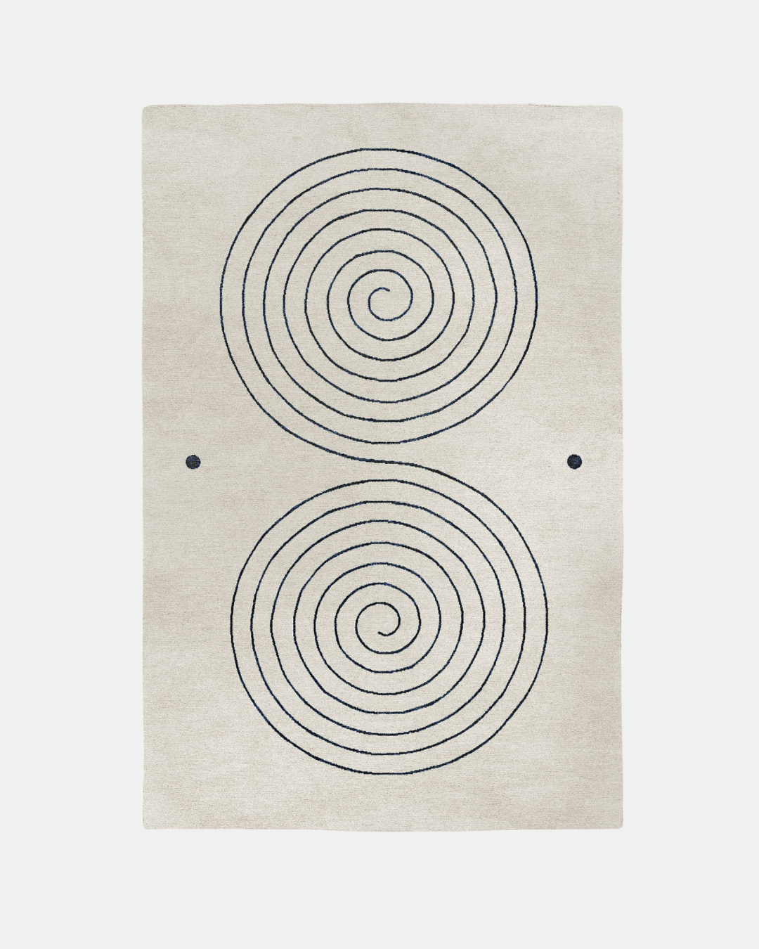 Fitzroy rug, Edition 03: two navy spirals on a sparse cream ground, hand-knotted in New Zealand wool and bamboo silk