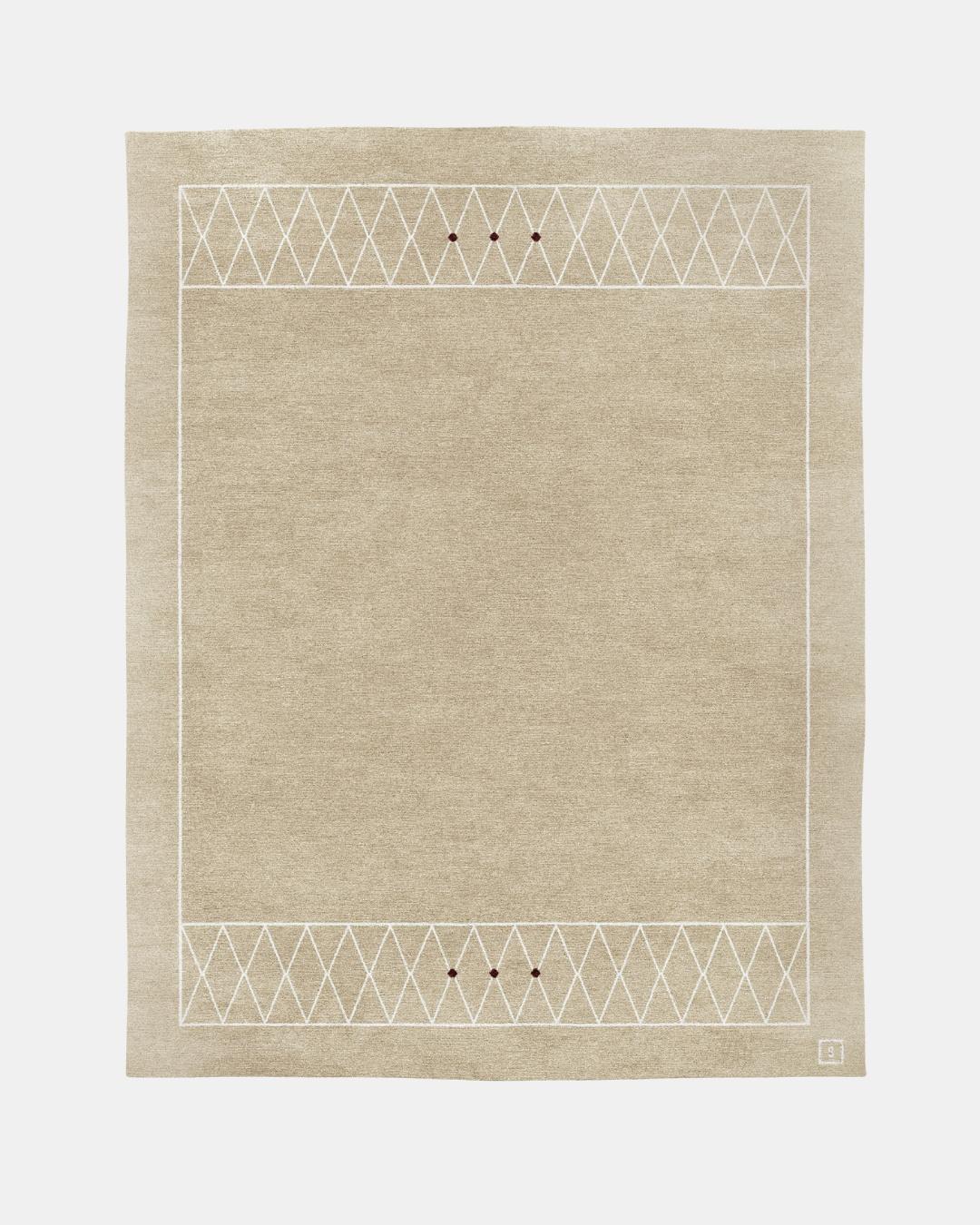Jacques rug, Edition 03: ivory treillage bands with deep crimson points on a creamy oatmeal ground, hand-knotted in wool and bamboo silk