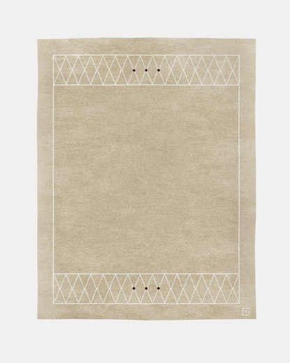 Jacques rug, Edition 03: ivory treillage bands with deep crimson points on a creamy oatmeal ground, hand-knotted in wool and bamboo silk
