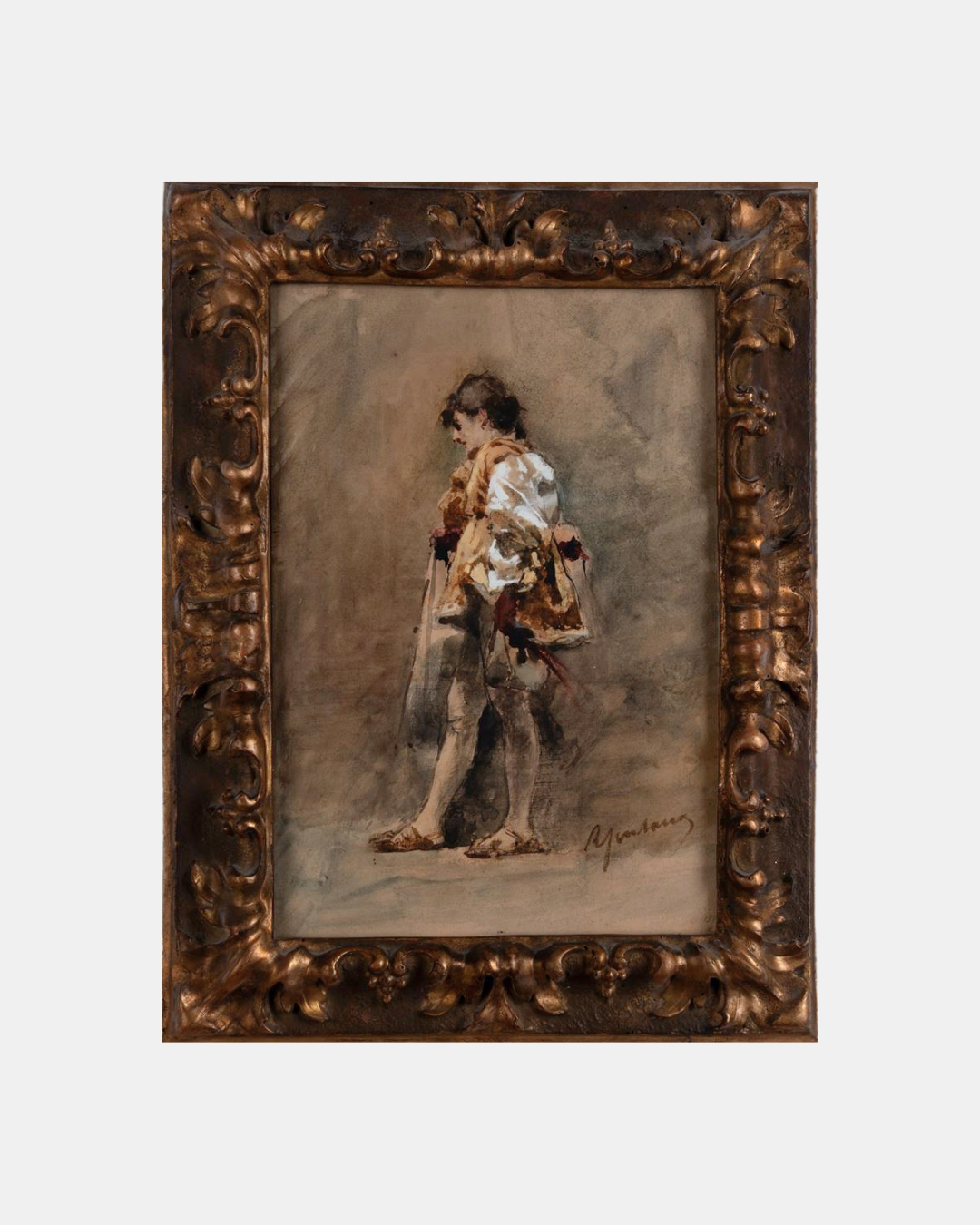 Roberto Fontana, Figure Study, watercolour and tempera on paper, 31.5 × 21.5 cm. Signed lower right, period gilt frame.