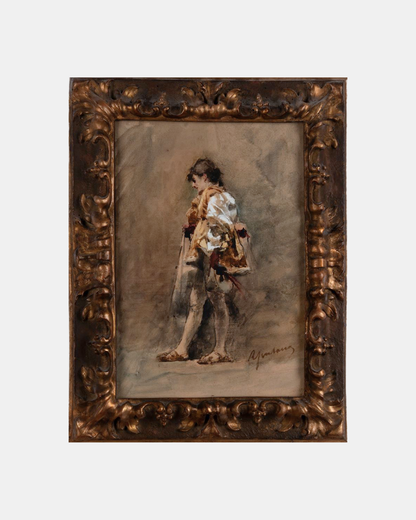 Roberto Fontana, Figure Study, watercolour and tempera on paper, 31.5 × 21.5 cm. Signed lower right, period gilt frame.