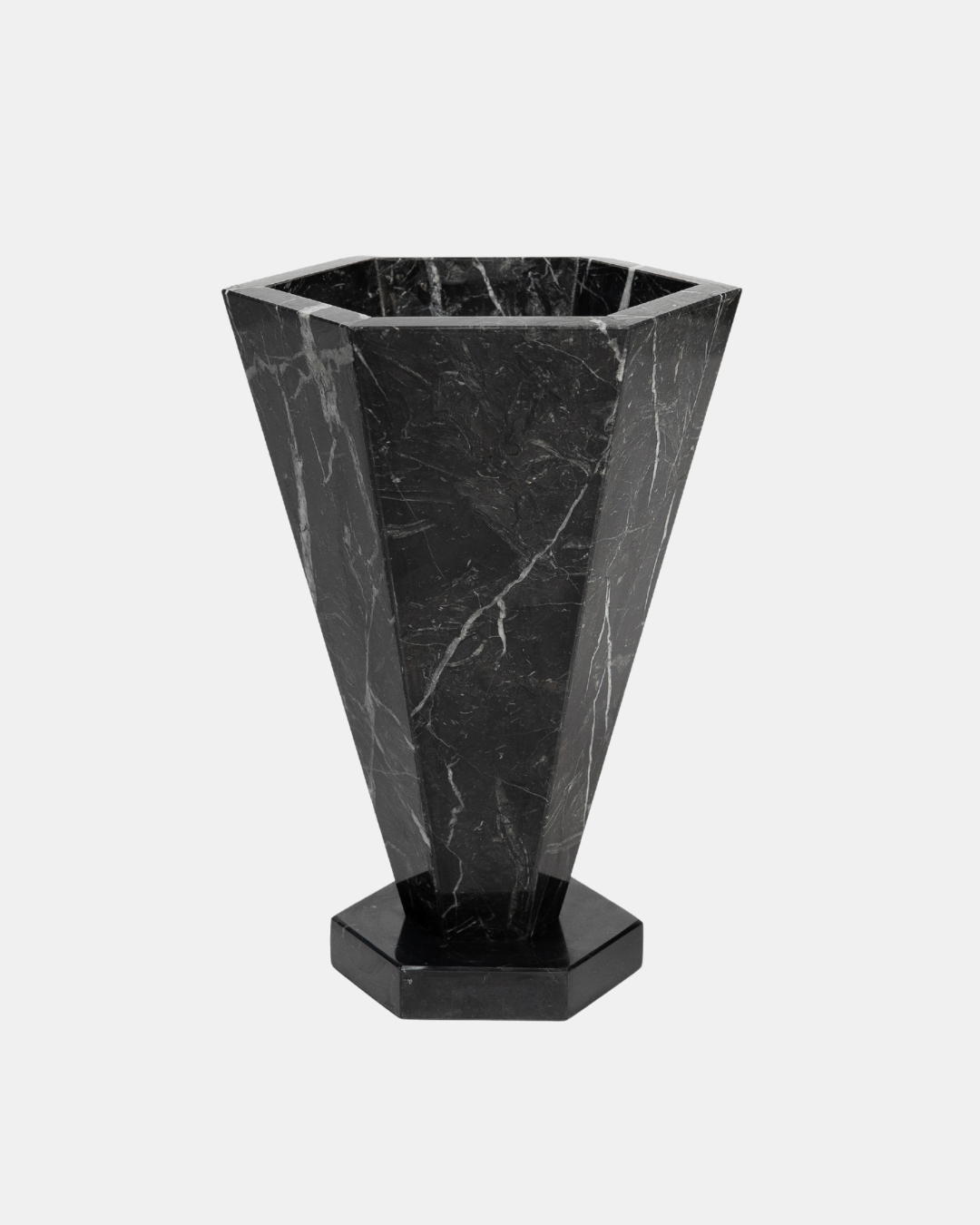 Overhead view of Studio Vraco Black Marquina marble vase showing hexagonal opening